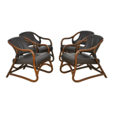 Ensemble de fauteuils en bambou avec sièges en cuir années 1970