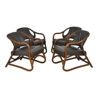 Set of bamboo armchairs with leather seats, 1970s