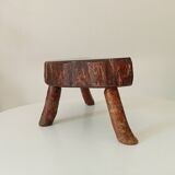 Vintage brutalist tripod stool in solid olive wood