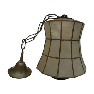 chandelier ceiling suspension in mother-of-pearl and vintage brass