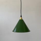 Old green enamelled conical industrial hanging lamp
