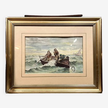 Aquarelle époque XIXeme figurant des pécheurs en mer agitée circa 1880