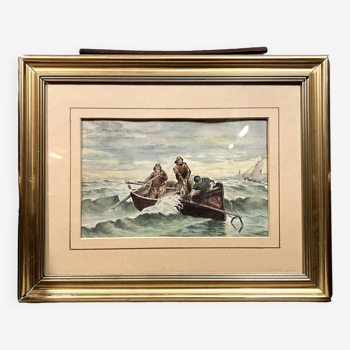 Watercolor from the 19th century depicting fishermen in rough seas circa 1880