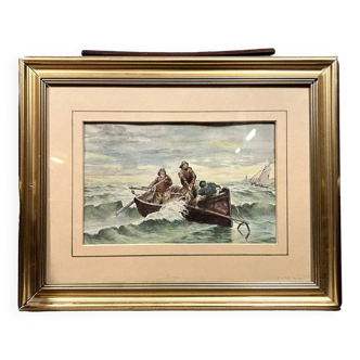 Watercolor from the 19th century depicting fishermen in rough seas circa 1880