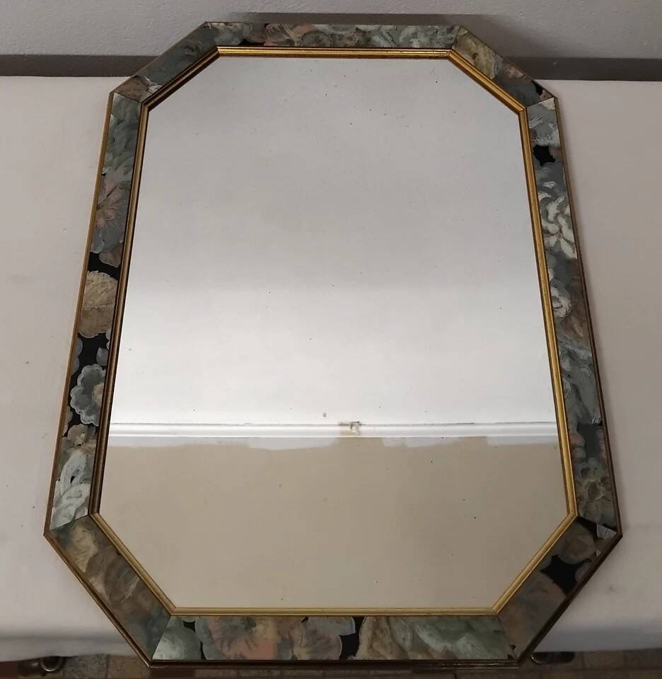 Antique Octagonal Mirror 45x35 with Floral Decor from the 80s Vintage