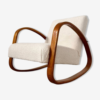 Fauteuil bois courbé rocking-chair des annees 50 style art deco design français bois et bouclette