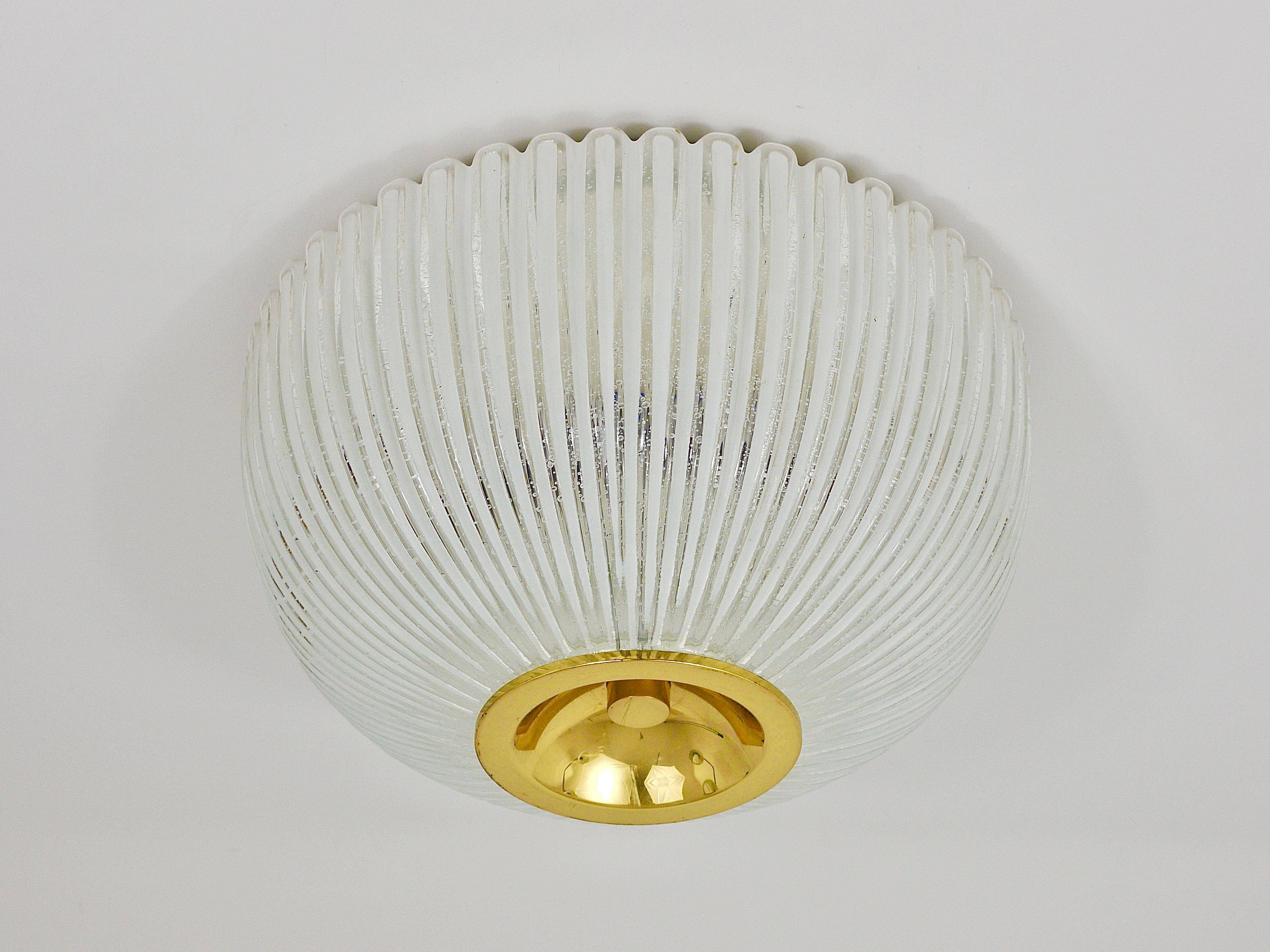 Large striped glass ceiling lamp in brass, Limburg, Germany, 1970s.