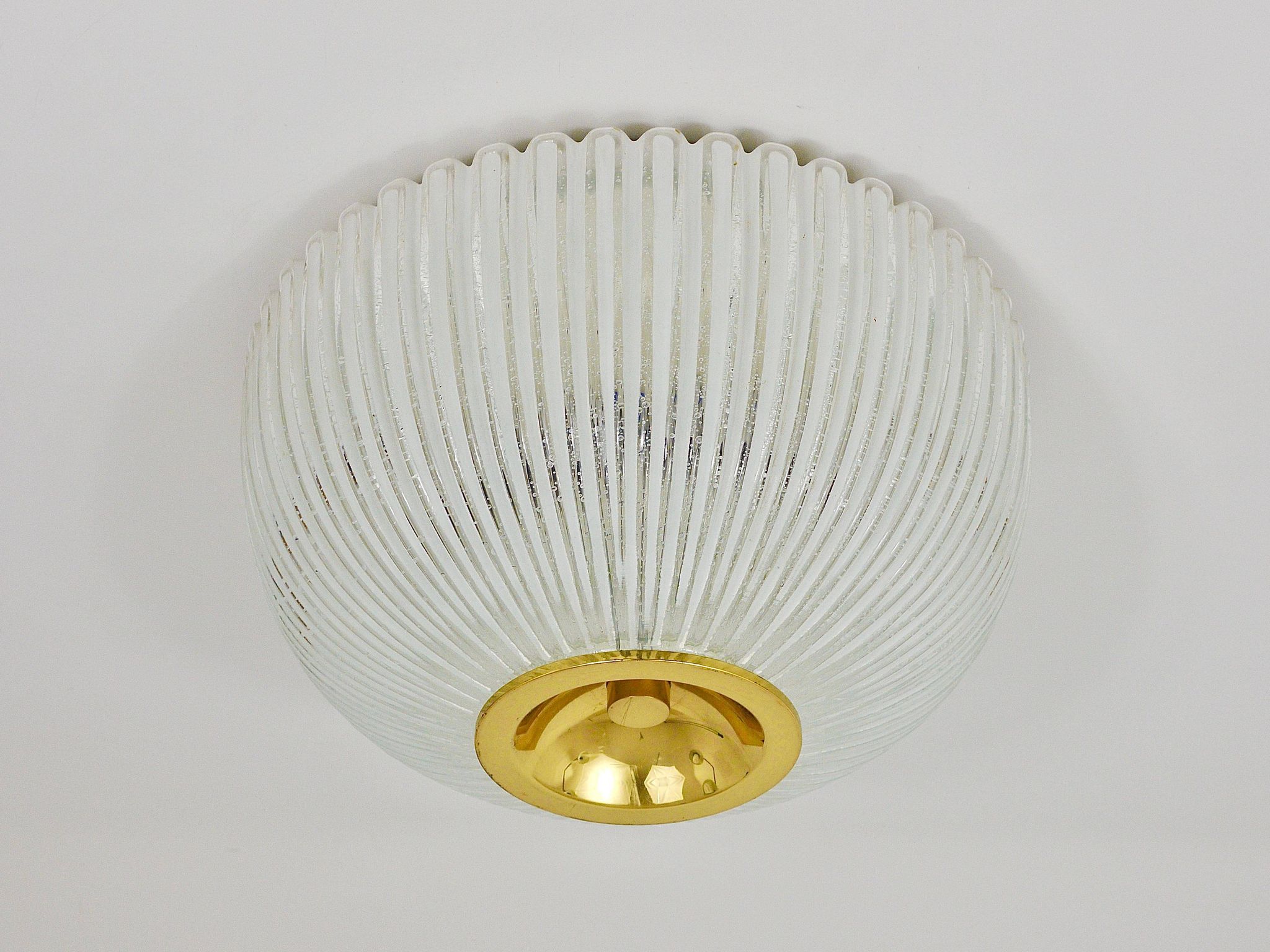 Large striped glass ceiling lamp in brass, Limburg, Germany, 1970s.