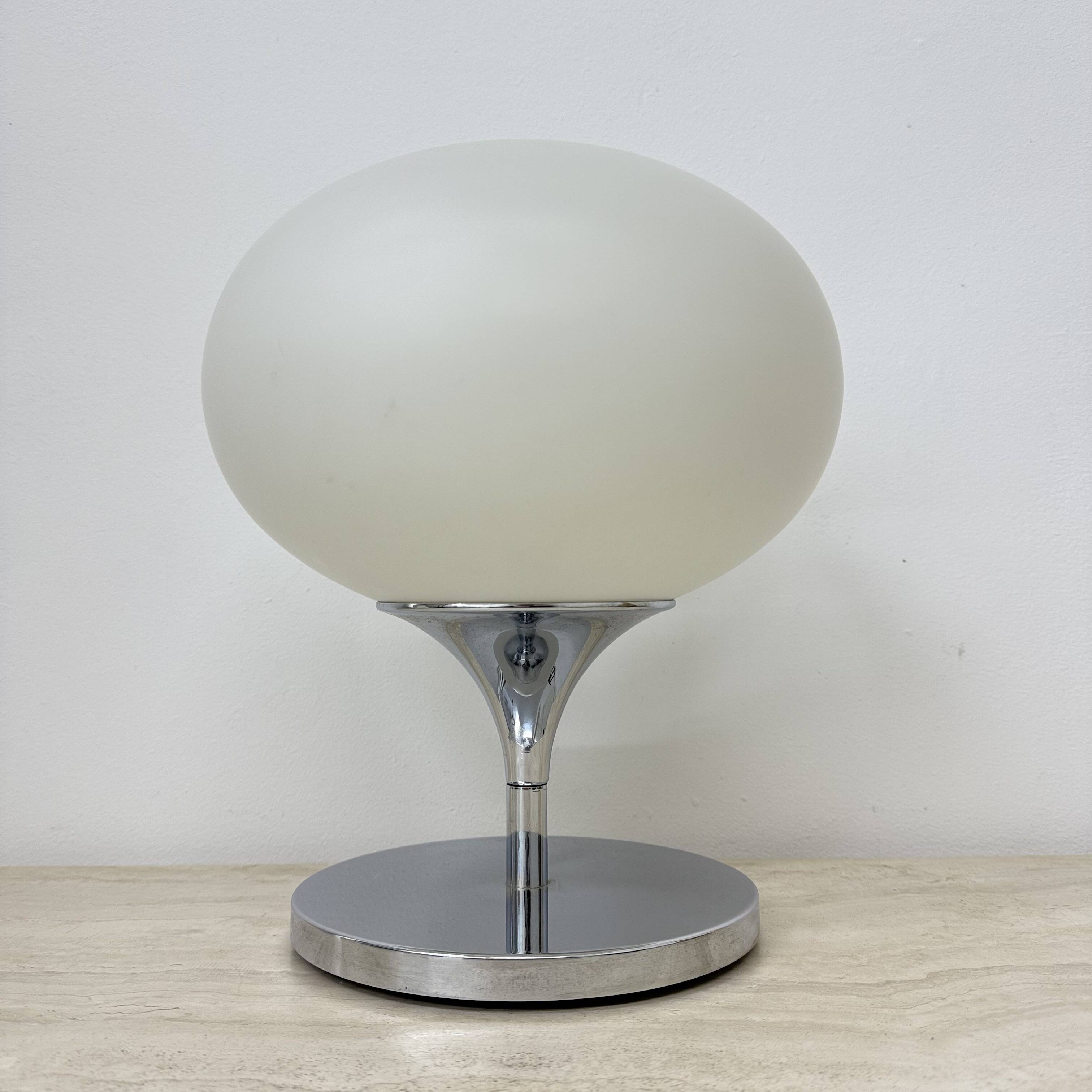 Opaline glass chromed steel & cast iron Space Age lamp by Kaiser Leuchten,