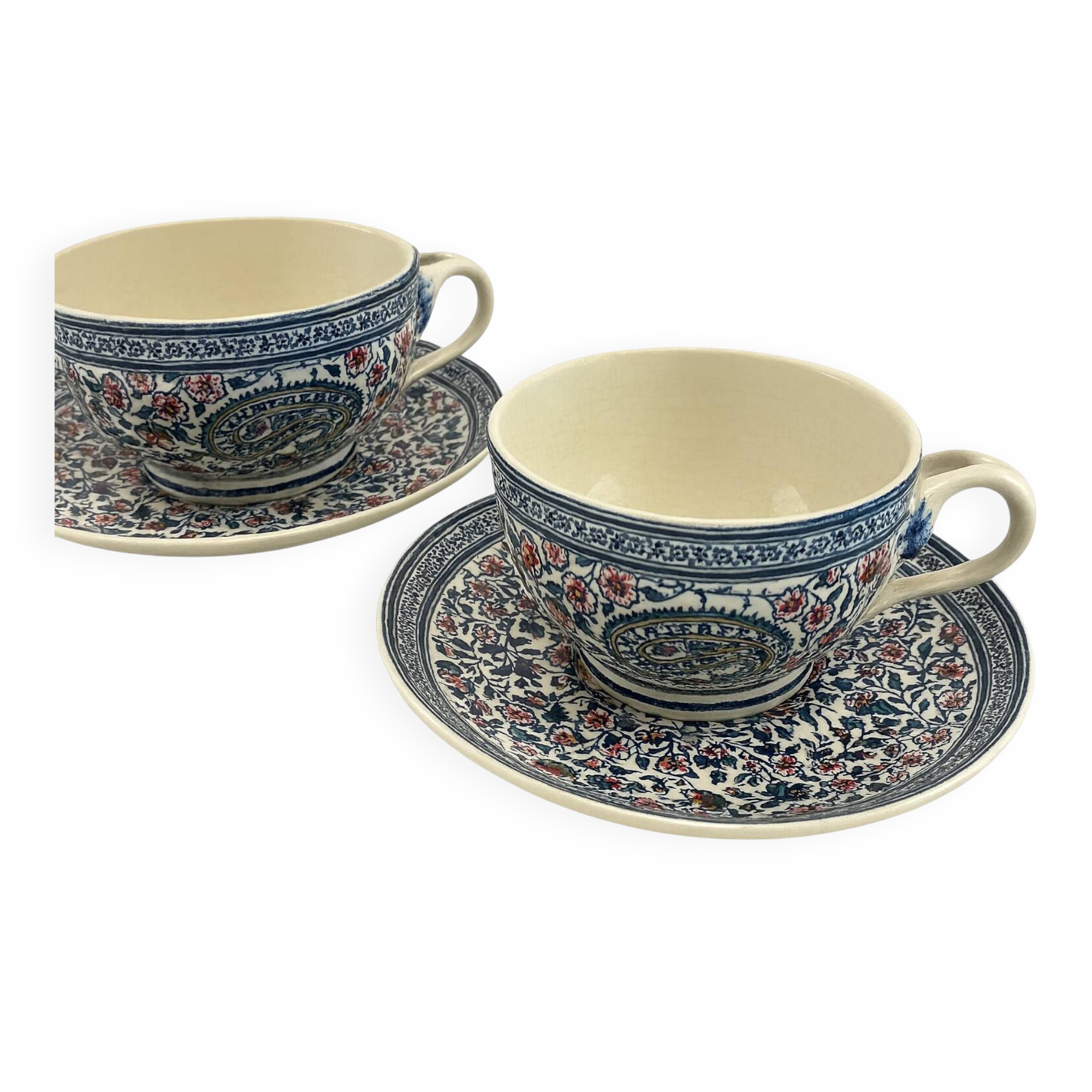 Antique GIEN duo of cups and saucers, Cashmere Bothee decor – French earthenware