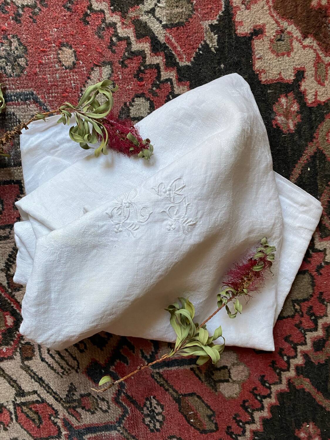 RG embroidered linen damask tablecloth late 19th century.