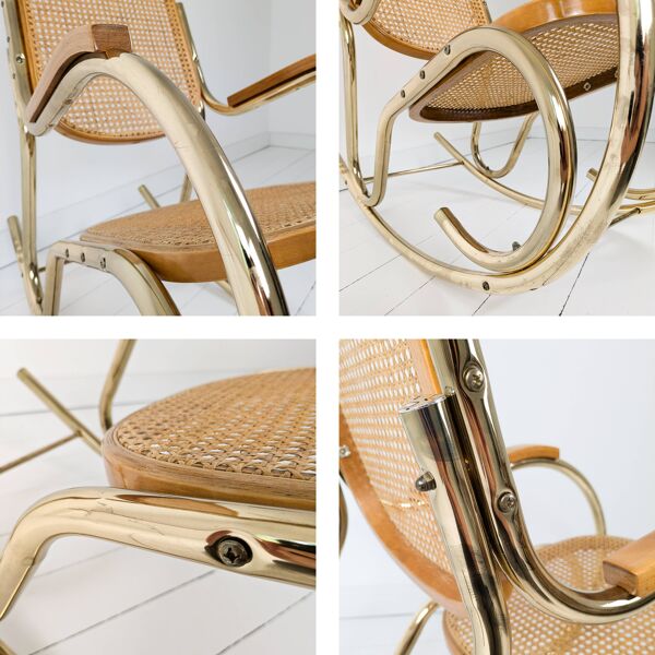 Fauteuil à bascule Vintage Tube d'acier Tressage viennois Laiton Or Mid Century Rétro Design Salon H