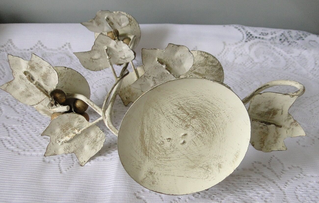 Candlestick for 3 candles, aged whitewashed metal, shabby chic