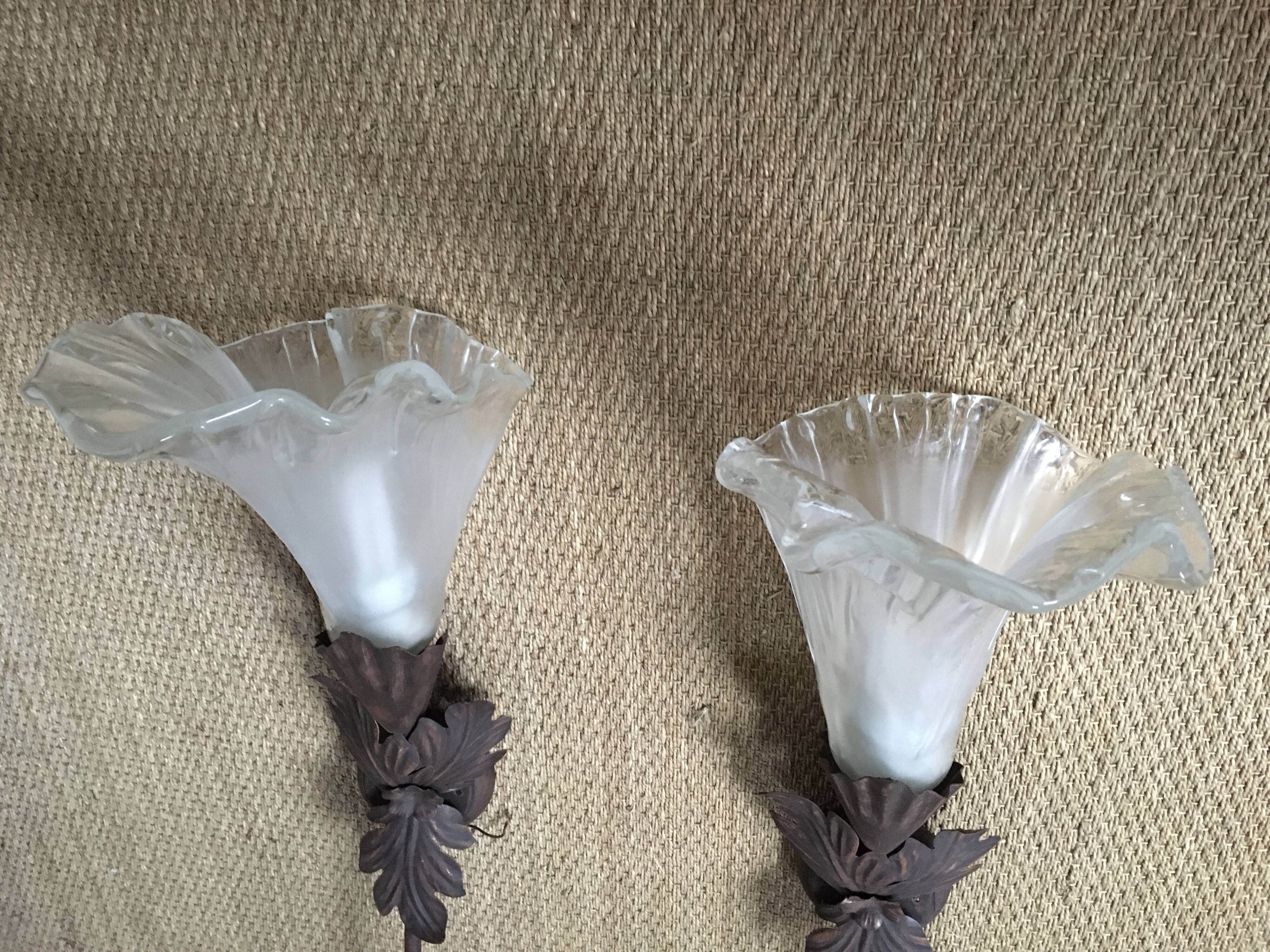 Pair of Murano metal and glass sconces