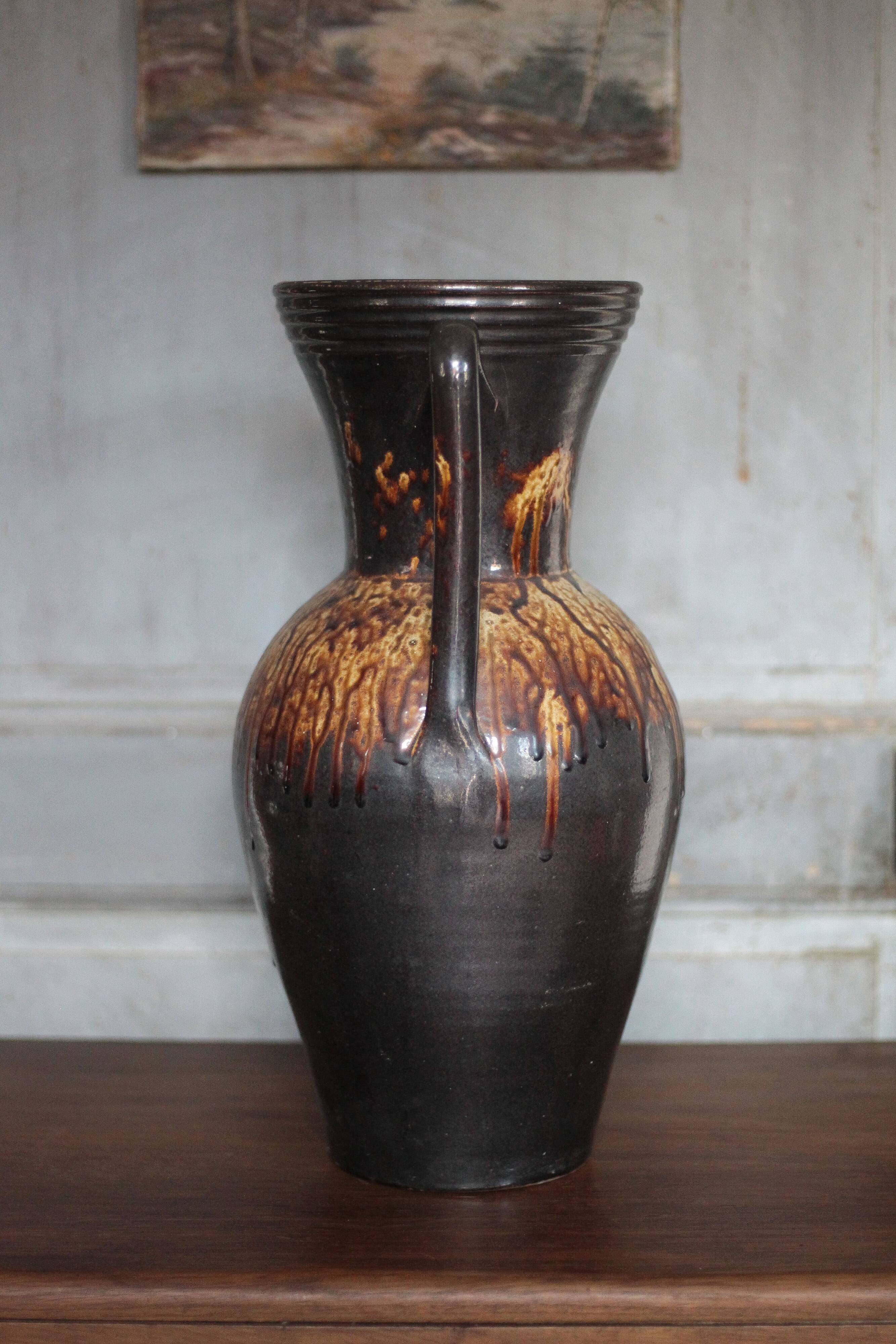 Large stoneware vase from Puisaye, vintage vase, vase with handles, interior decoration