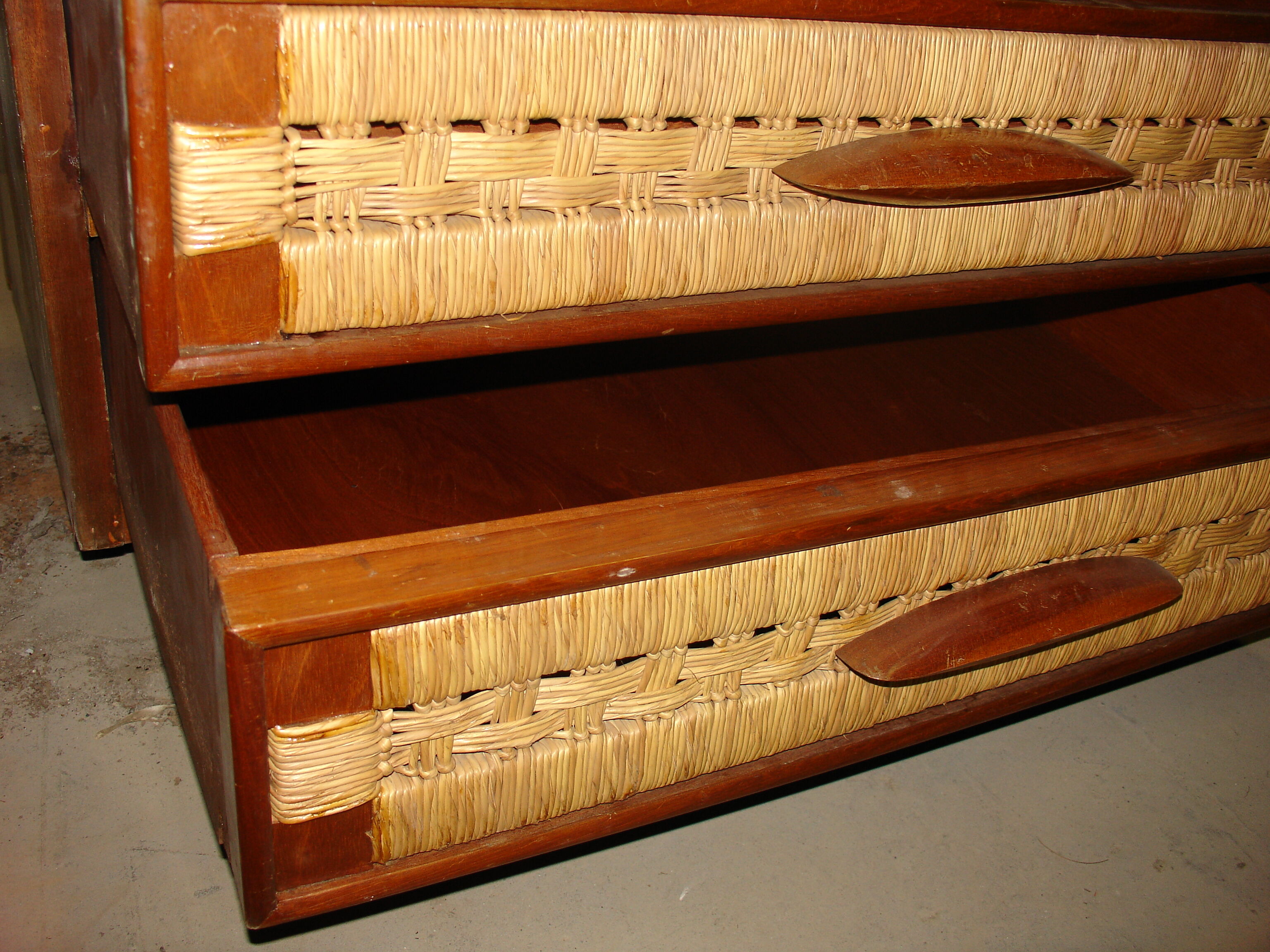 Mahogany and straw chest of drawers, circa 1950, Mexican made