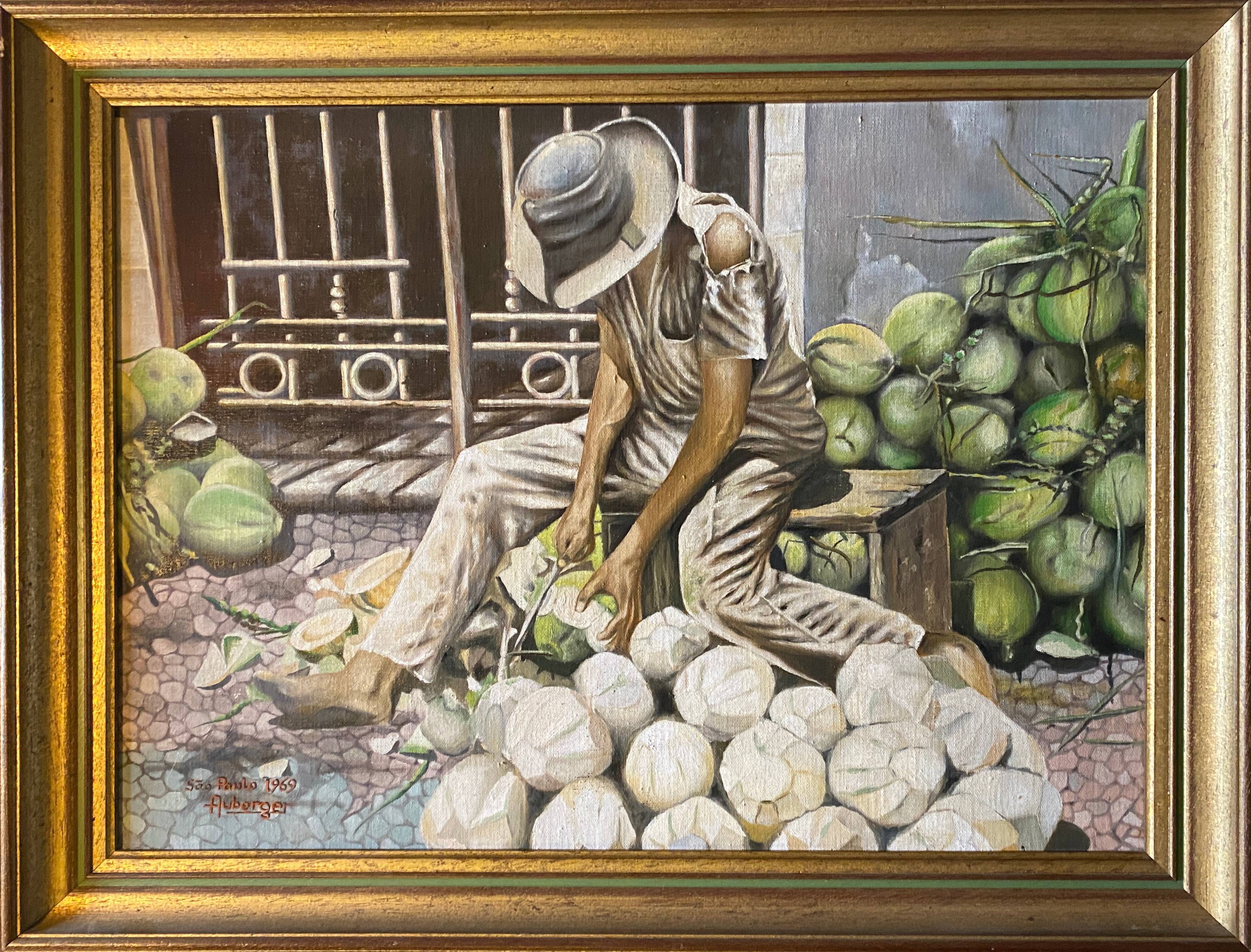 HSP painting "Coconut cutter" Sao Paulo signed Auberger 1969 + frame