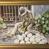 Tableau HSP "Coupeur de noix de coco" Sao Paulo signé Auberger 1969 + cadre