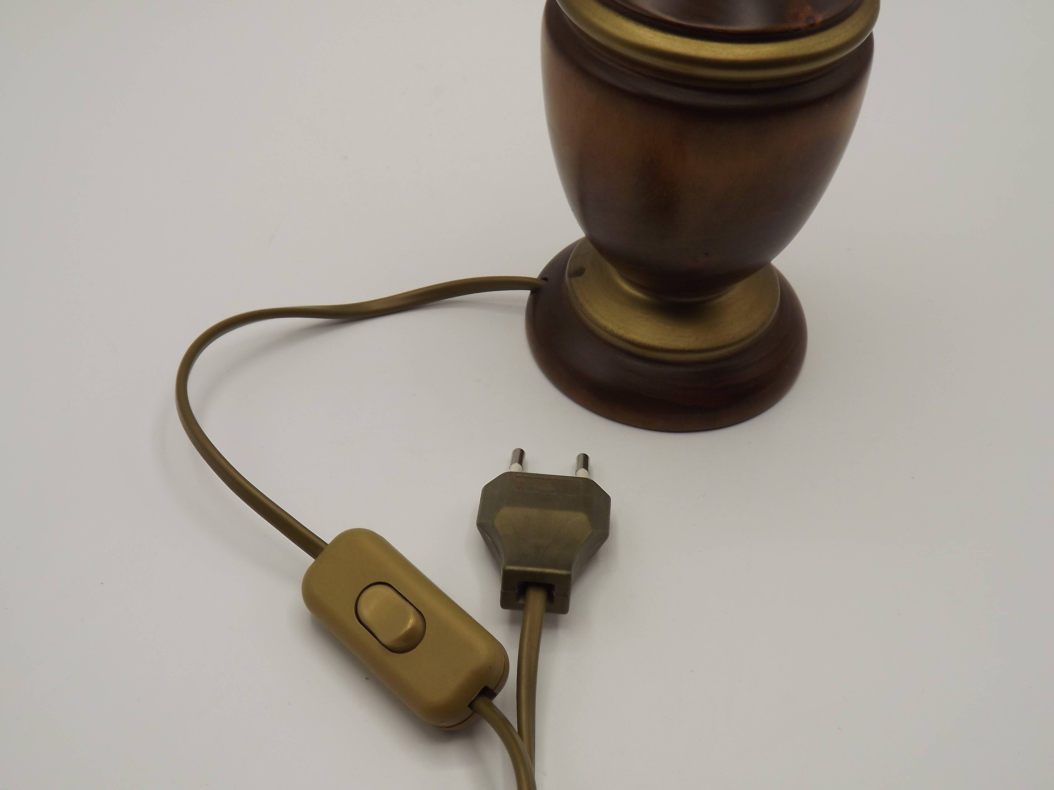 French Mid-Century Round Turned Wood Table Lamp with Hide Skin Shade