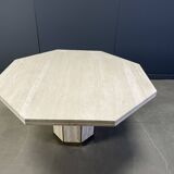 Table à manger octogonale italienne en travertin et laiton des années 1970
