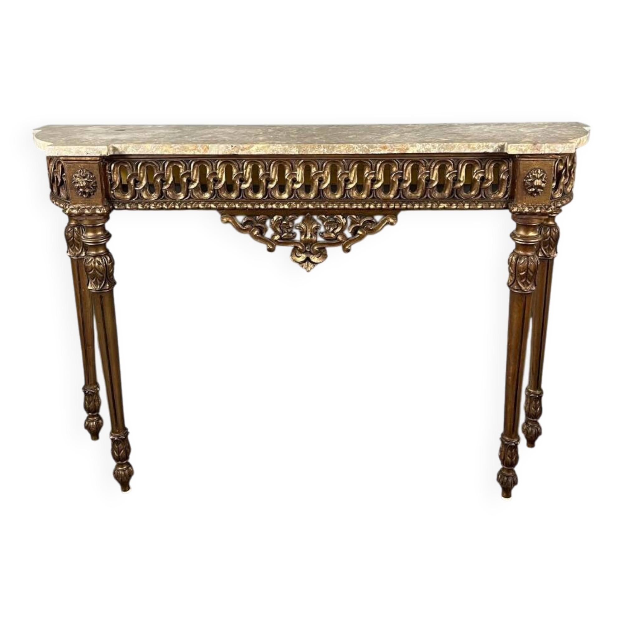 Louis XVI style console in carved wood with a gilded patina, 19th century.