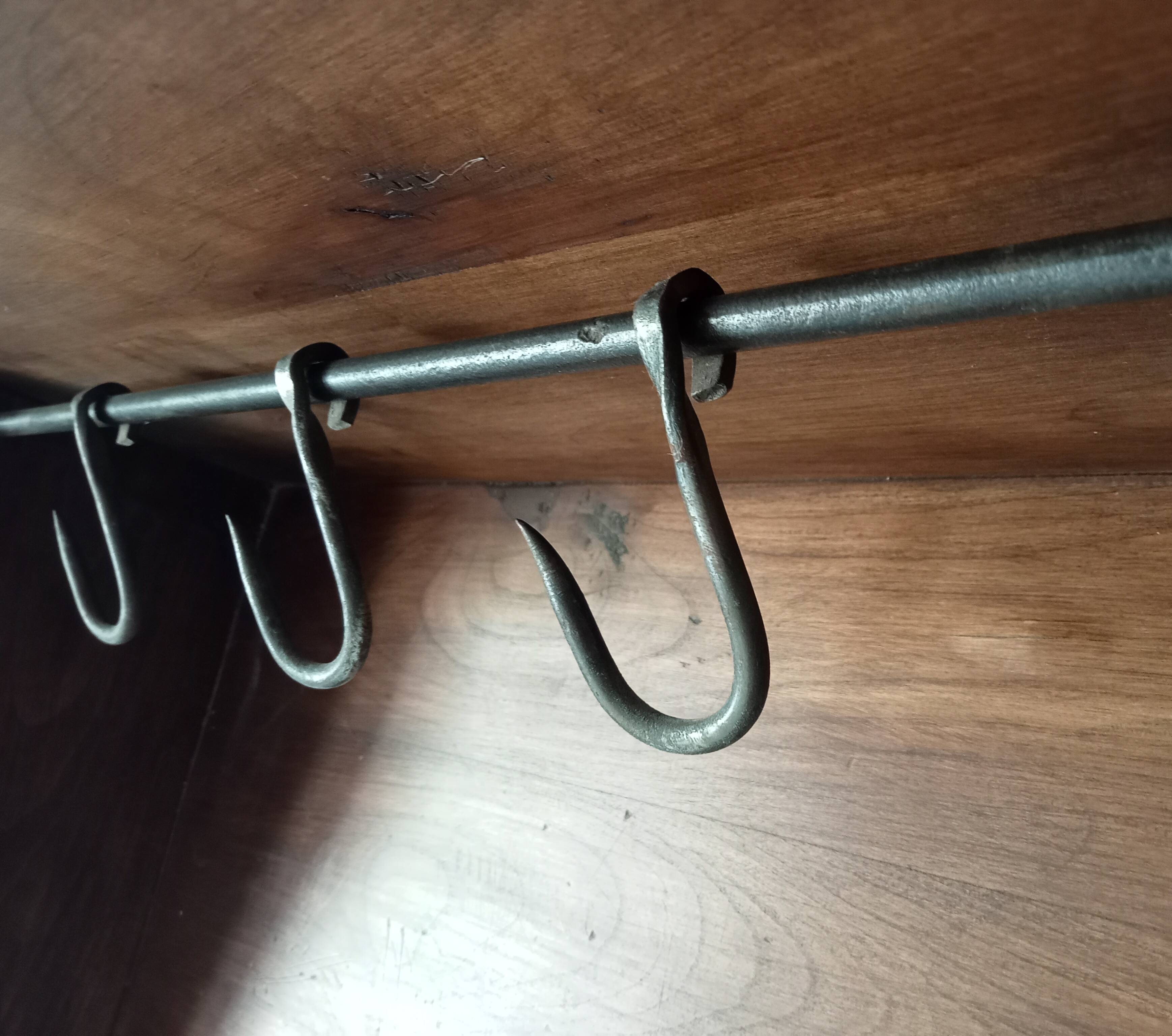 Antique wall shelf in solid chestnut with butcher's hooks