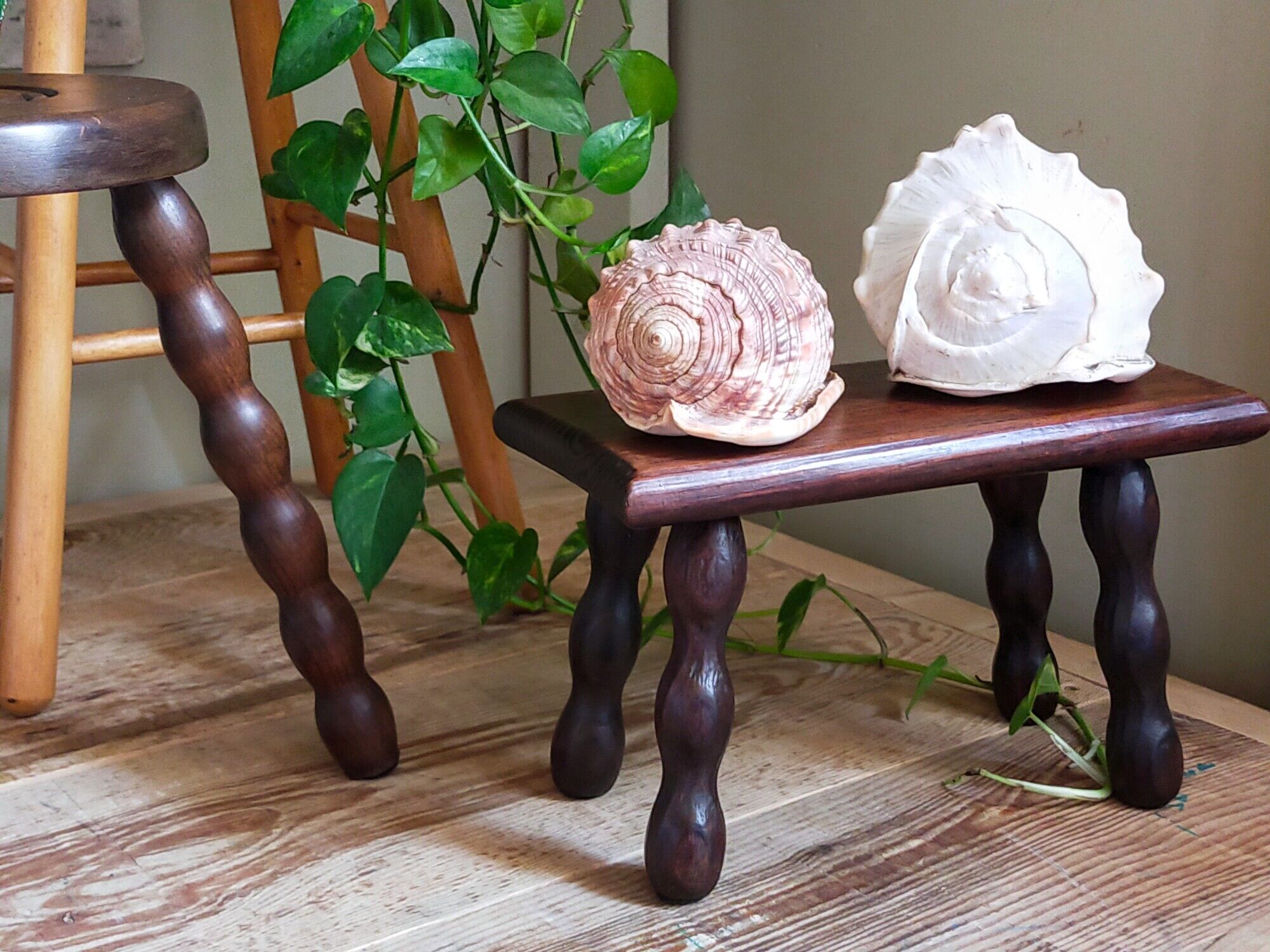 Pair of vintage solid turned wood footstools