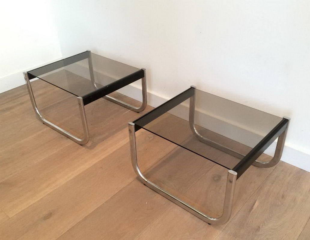 Pair of side tables in chrome, blackened wood and glass
