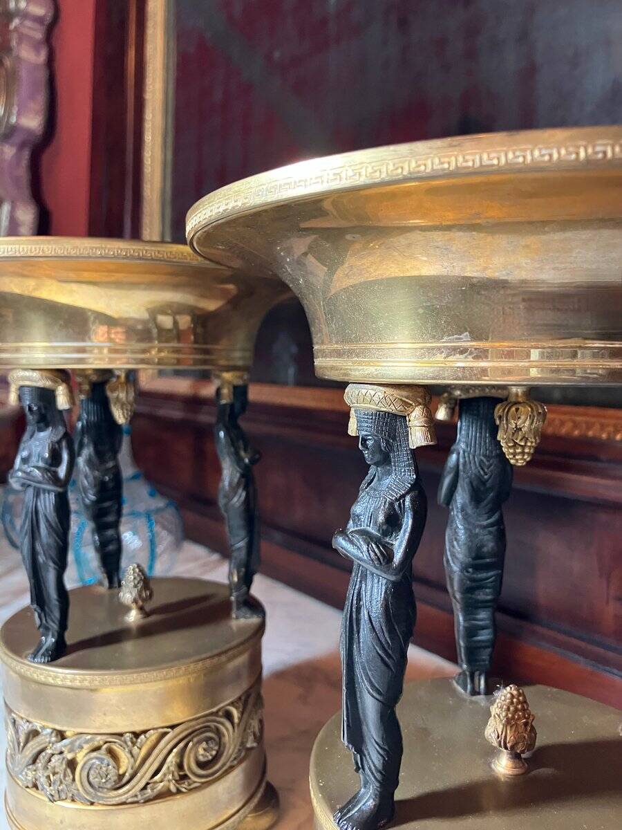 Italian Empire Bronze and Brass Tazzas with Sphinxes, 1800s, Set of 2