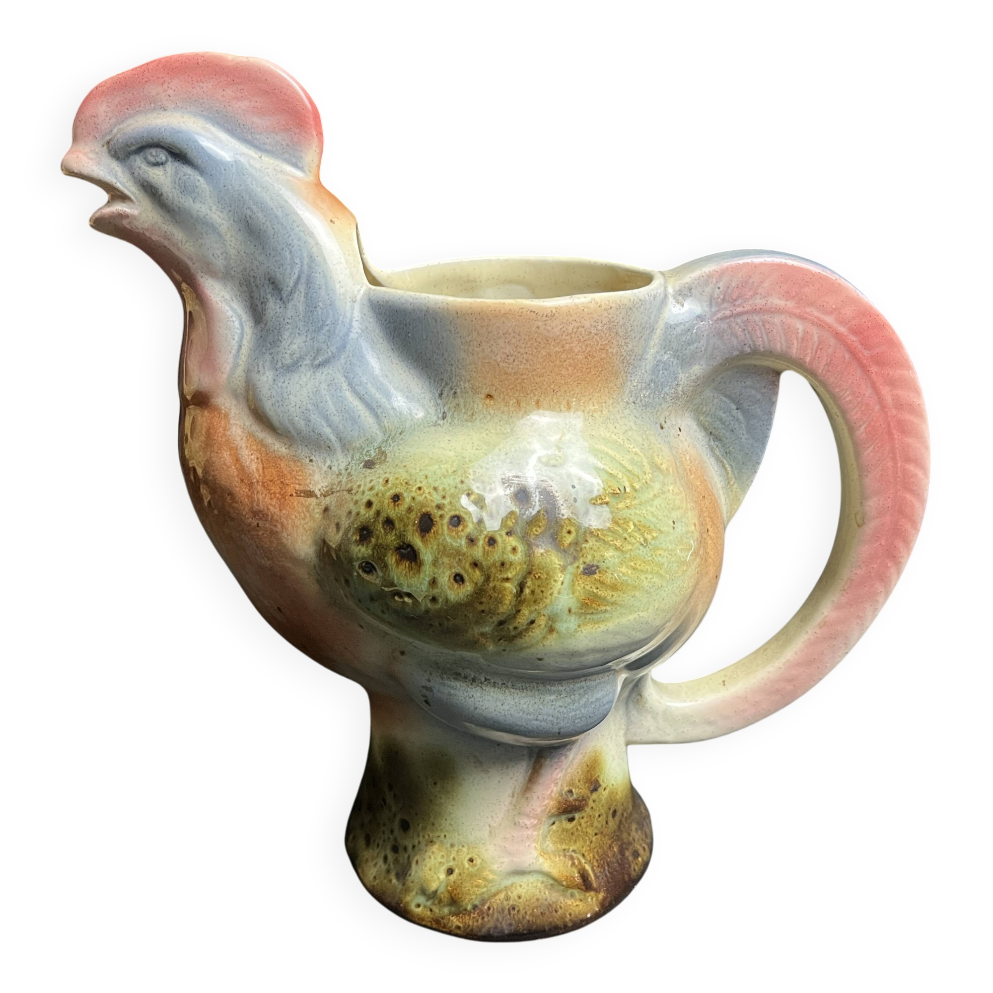 Polychrome earthenware rooster pitcher, 20th century