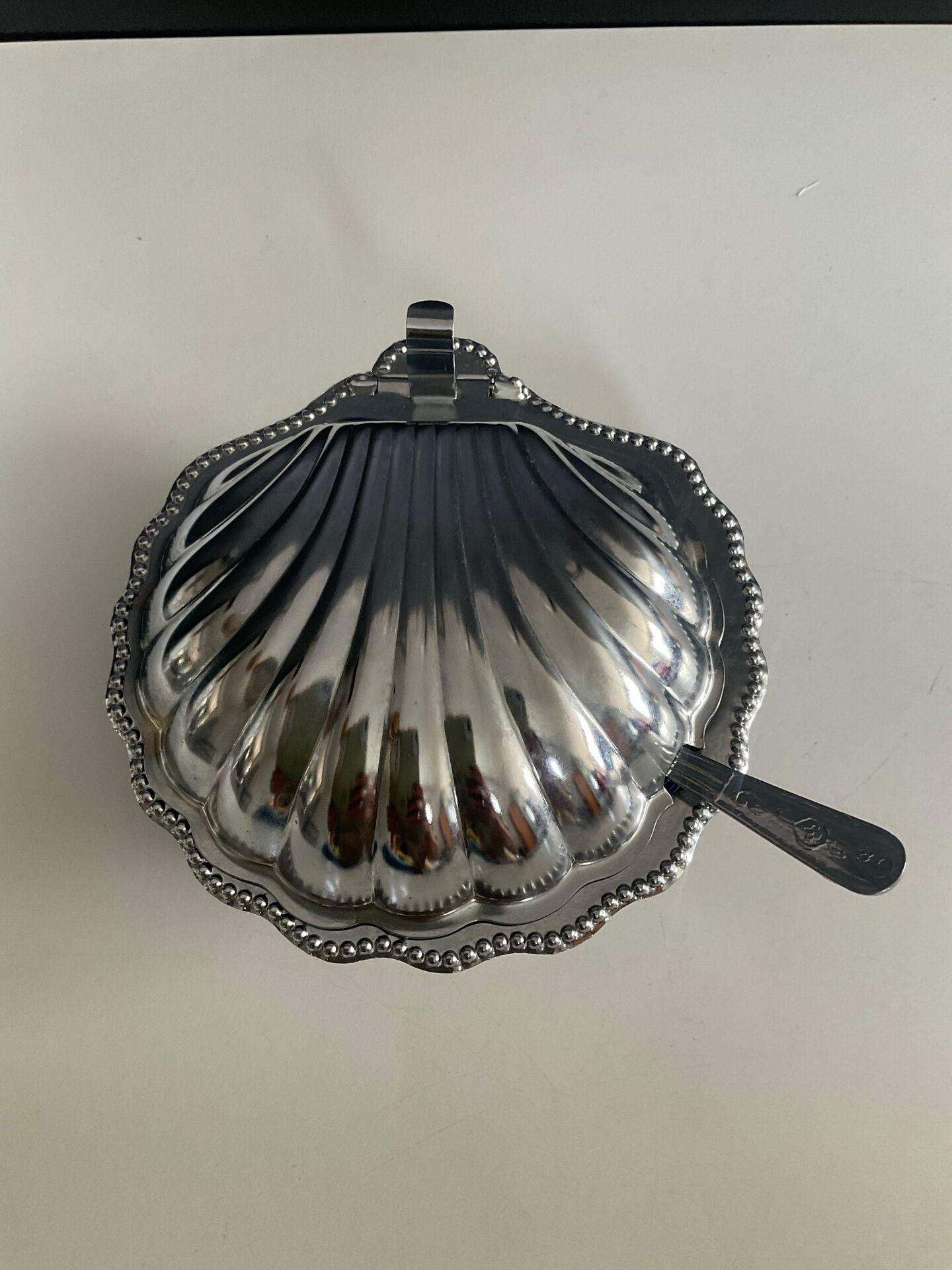 Vintage shell butter dish in stainless steel and blue glass