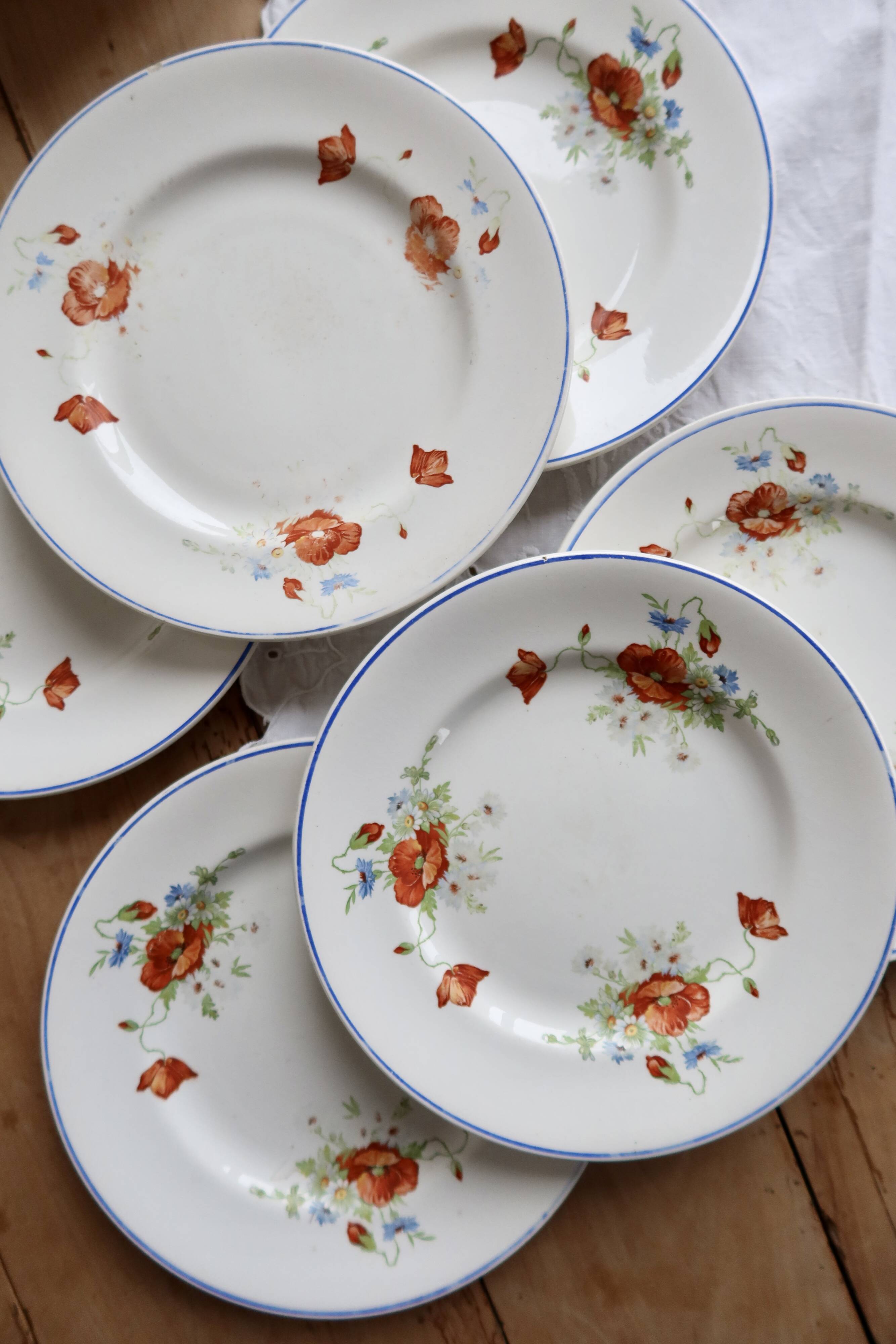 6 assiettes plates anciennes faience Salins - Modèle coquelicot