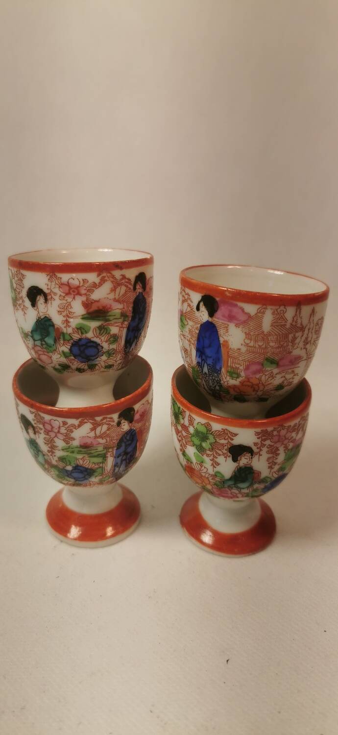 Rare 4 Antique Egg Holders / Egg Cups, Japanese, hand-painted porcelain