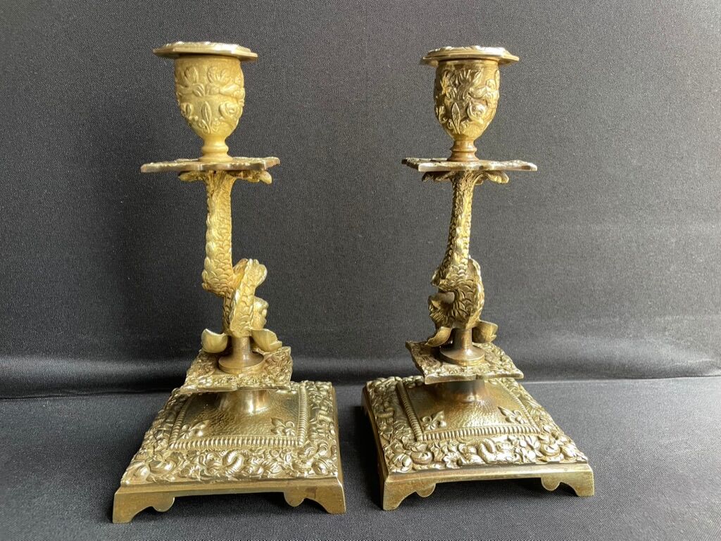 Pair of Napoleon III candle holders - Louis XIV style - Bronze (gilded)