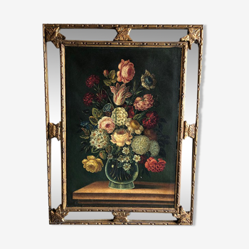 Bouquet of flowers, oil on canvas in a frame with parecloses