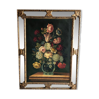 Bouquet of flowers, oil on canvas in a frame with parecloses