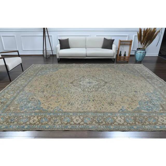 1960s Vintage Persian Handmade Wool Cotton Yellow Area Rug 284x366