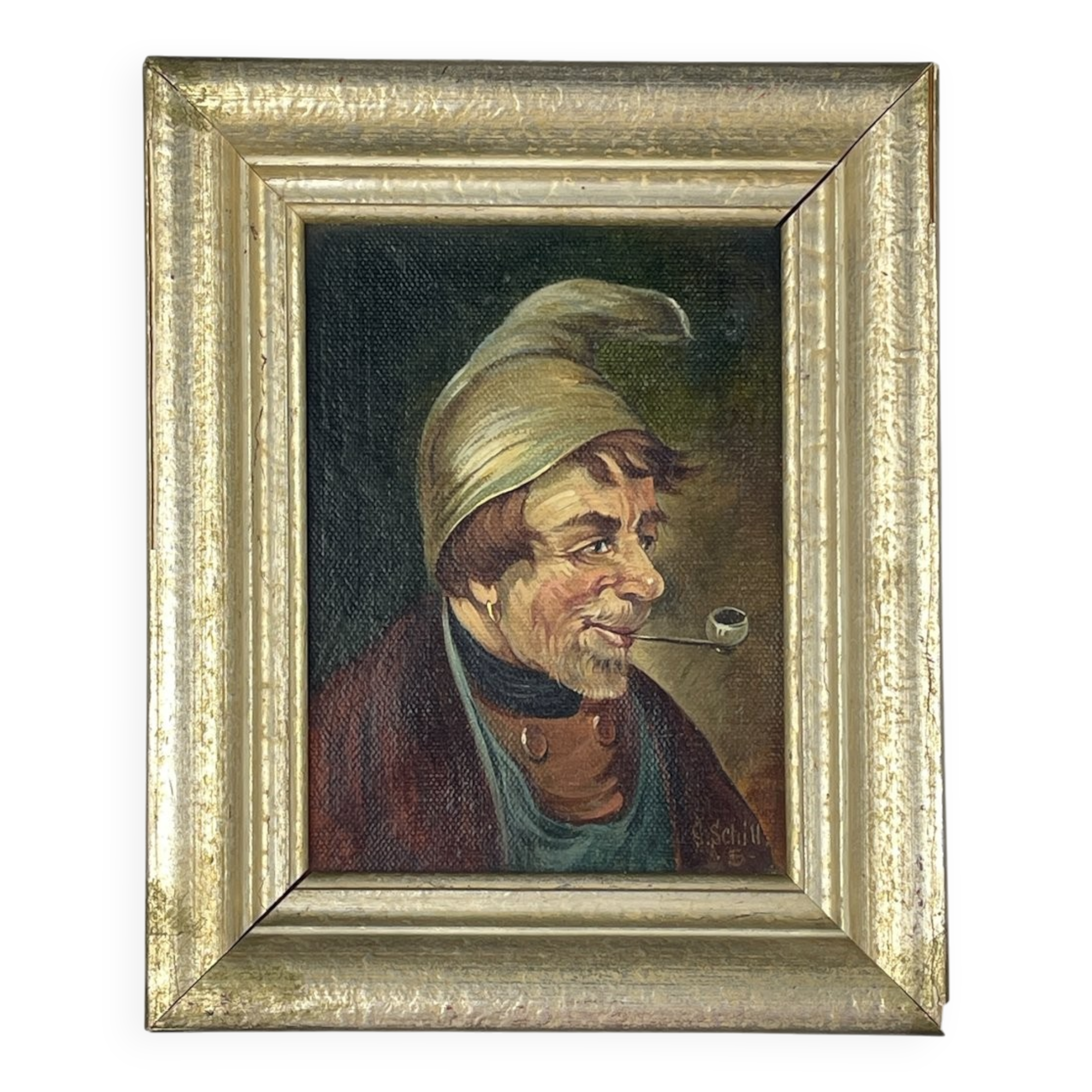 G. Schill, Portrait of a man in a nightcap with a pipe, 1930s, oil on canvas, framed
