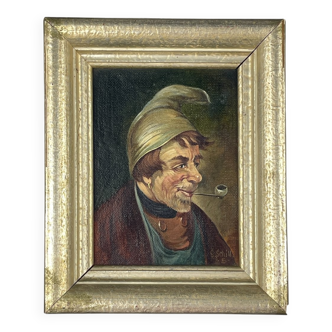 G. Schill, Portrait of a man in a nightcap with a pipe, 1930s, oil on canvas, framed
