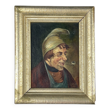 G. Schill, Portrait of a man in a nightcap with a pipe, 1930s, oil on canvas, framed