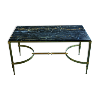 Table basse néo classique en bronze laiton et marbre Portor