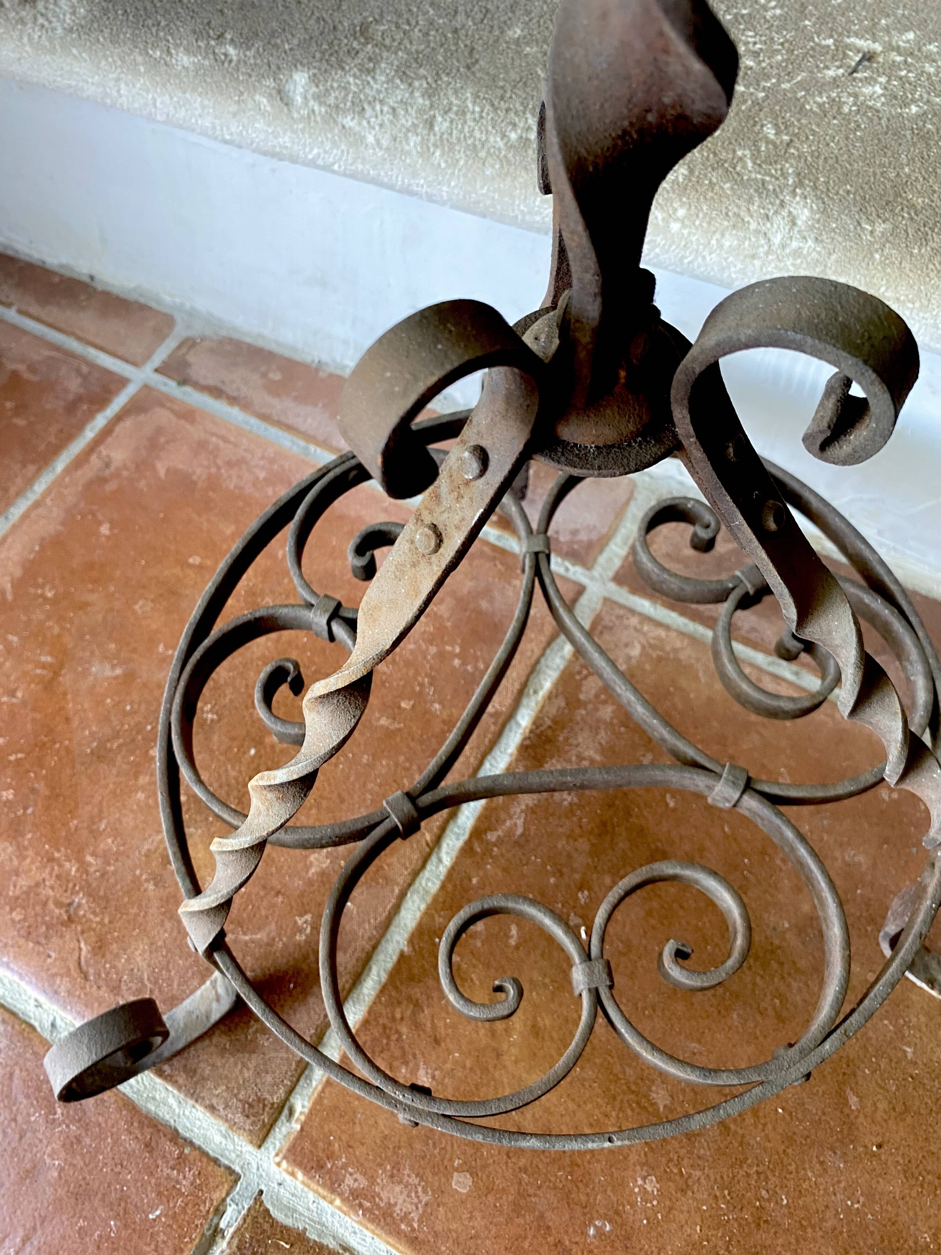Wrought iron floor lamp, new 3m fabric cable, paper shade.