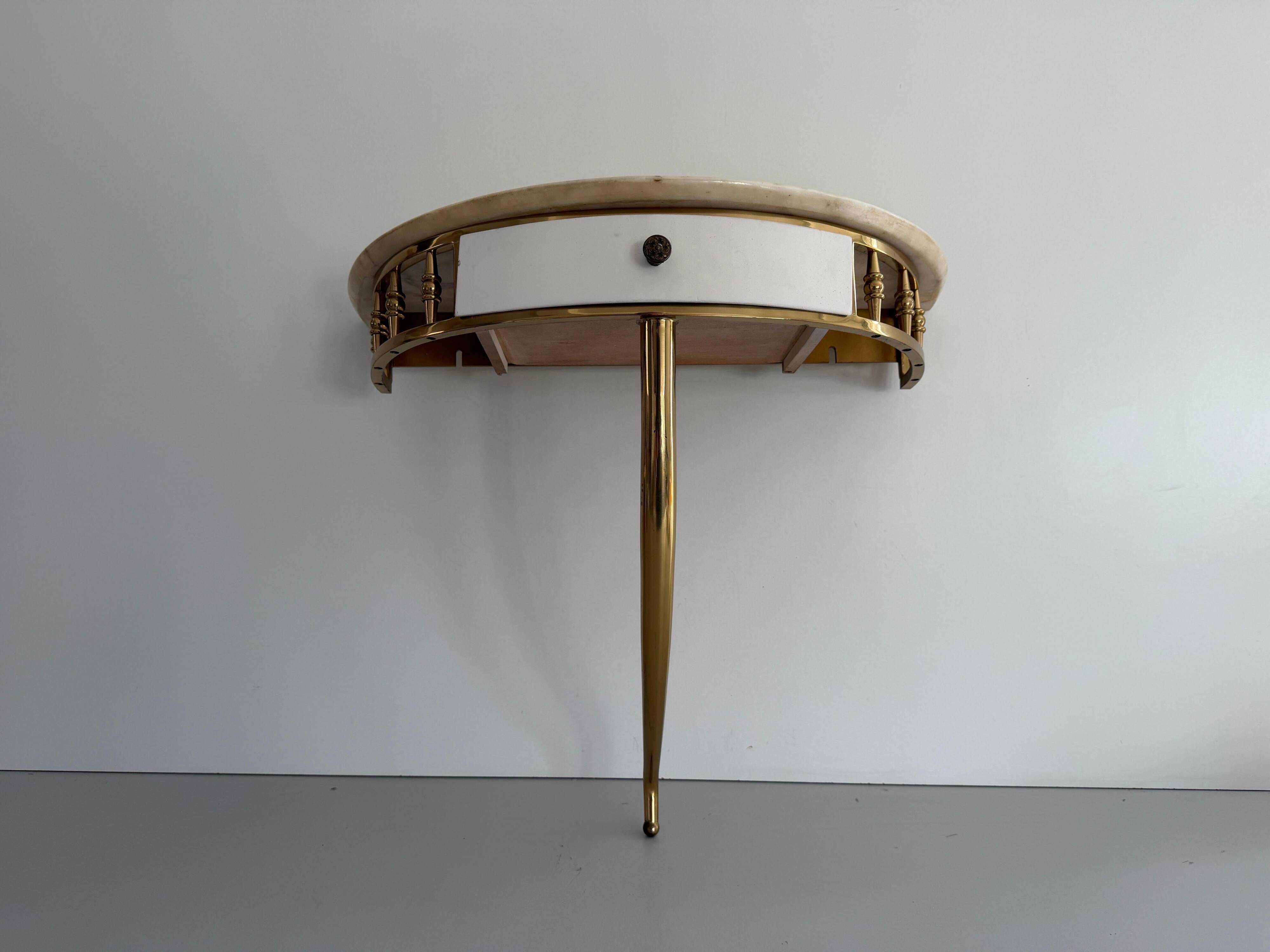 Floating wall console with drawer, brass body and marble top, 1960s, Italy