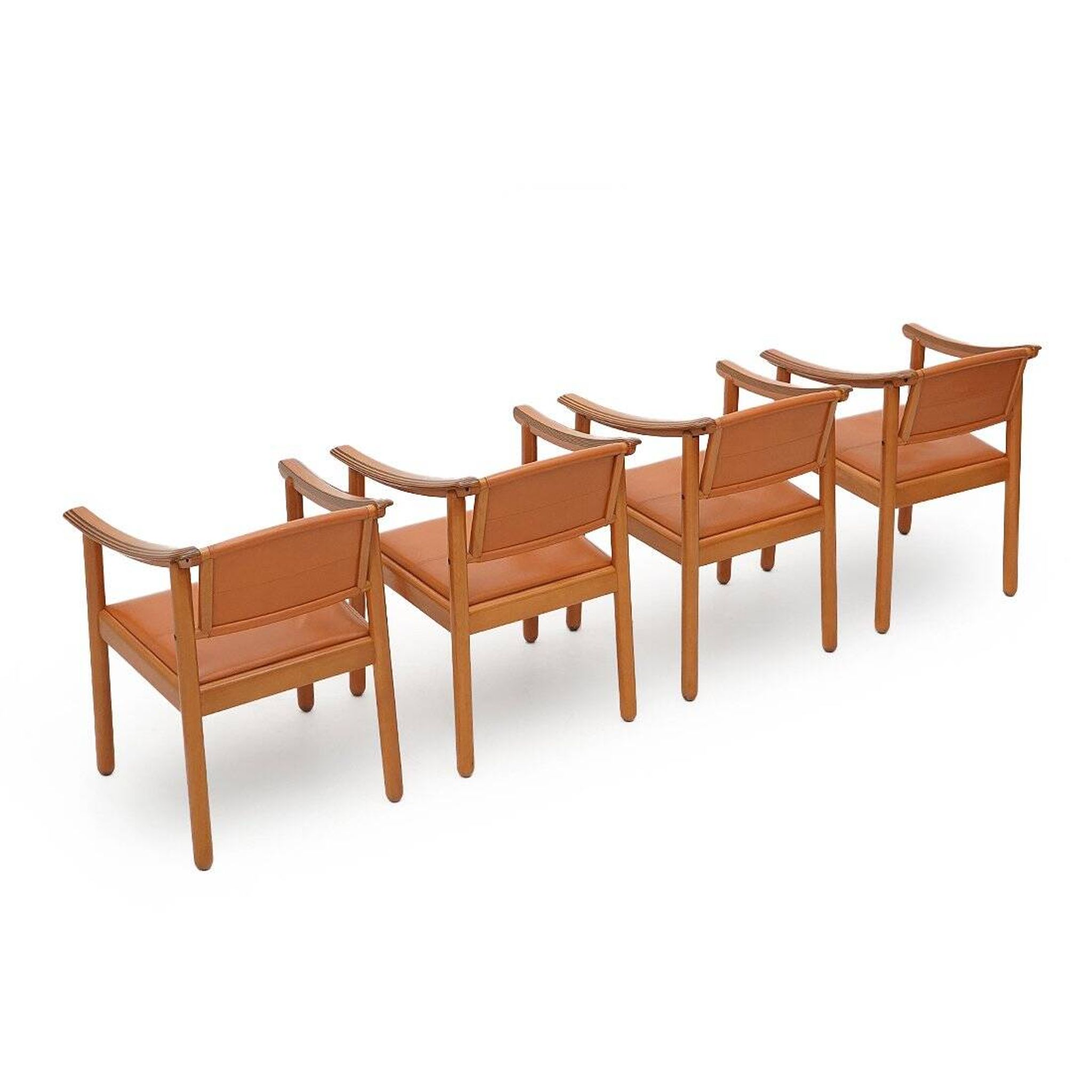 Wood and leather chairs, 1970s, set of 4