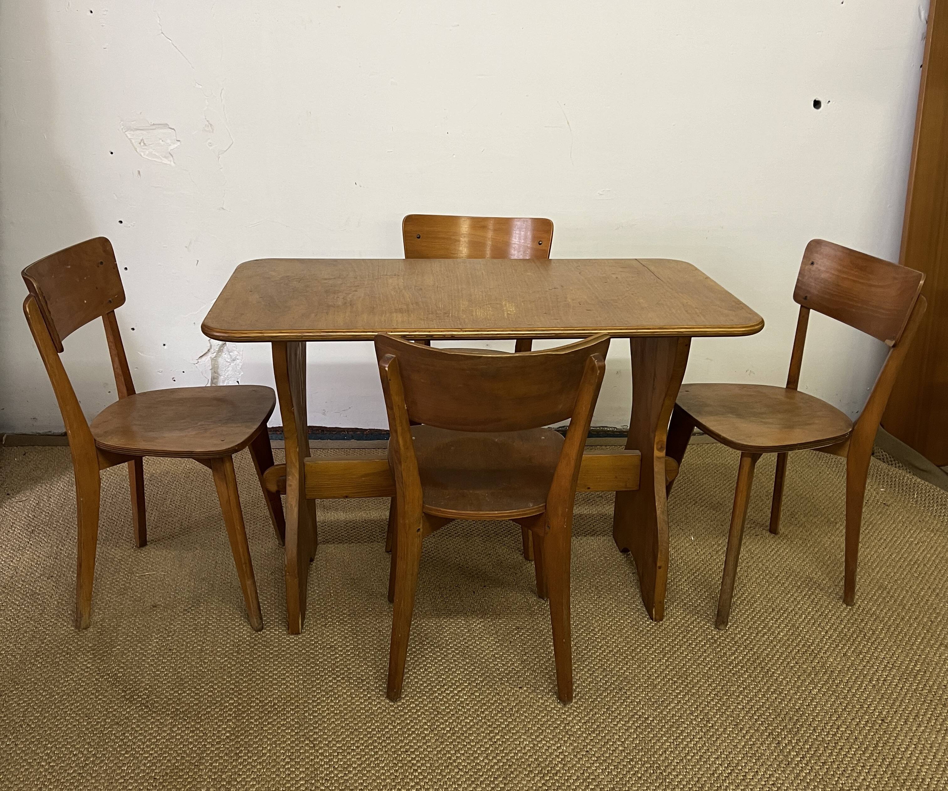 Vintage wooden table and 4 chairs set