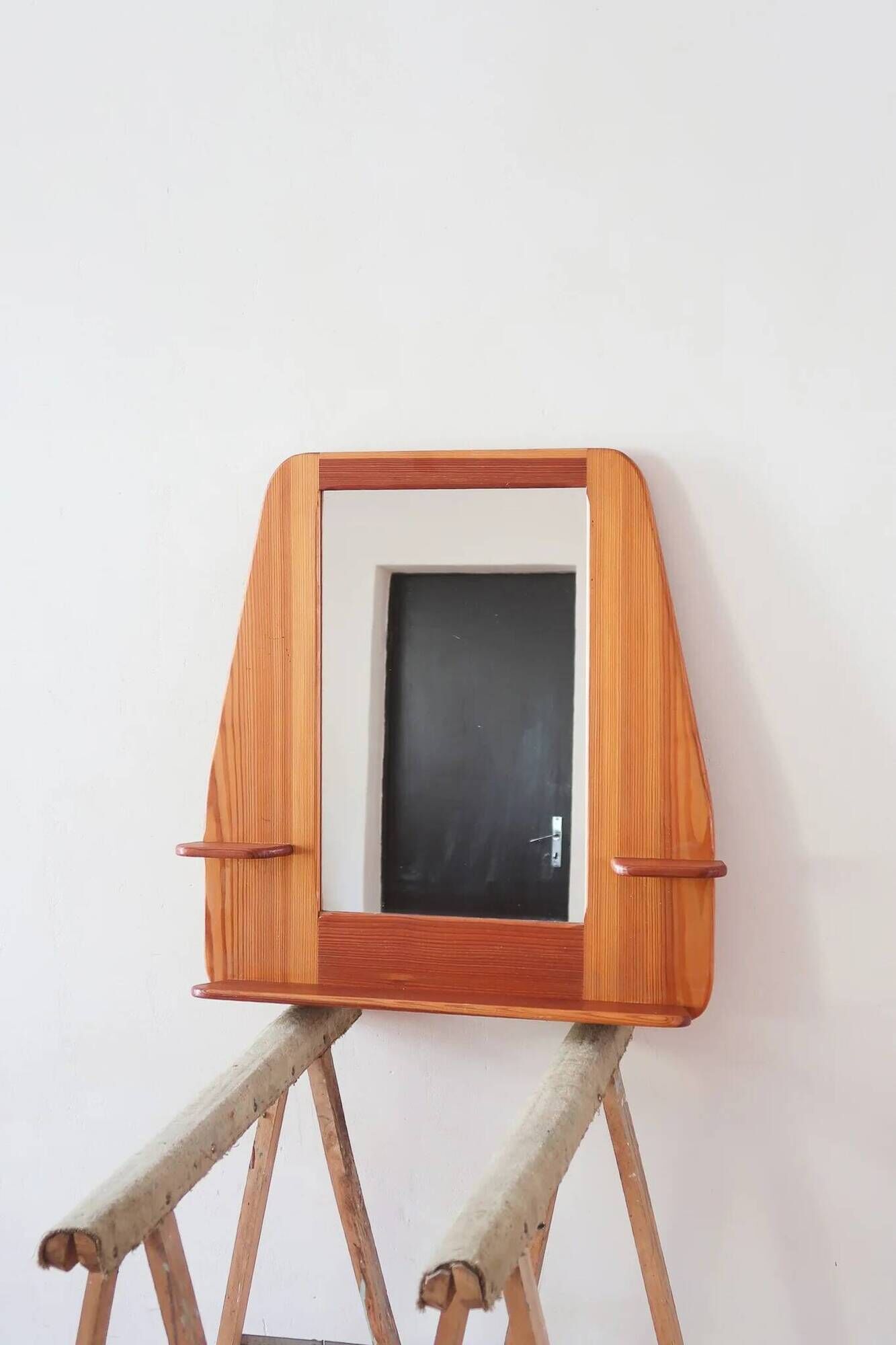 Wall mirror with a solid pine frame, integrated shelf.