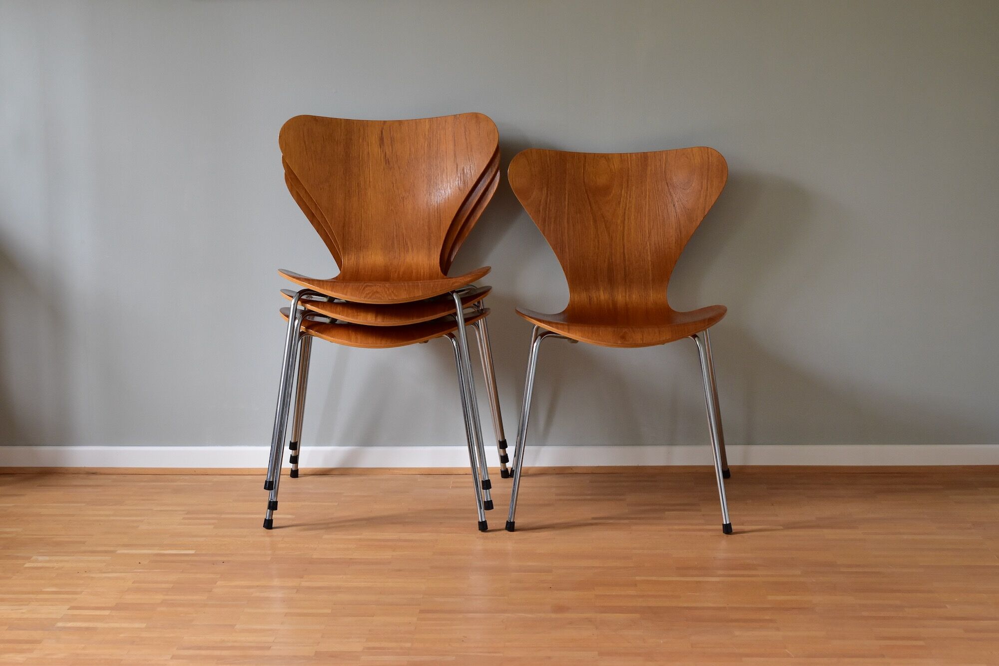 Set of Four Teak 3107 Dining Chairs by Arne Jacobsen for Fritz Hansen Denmark