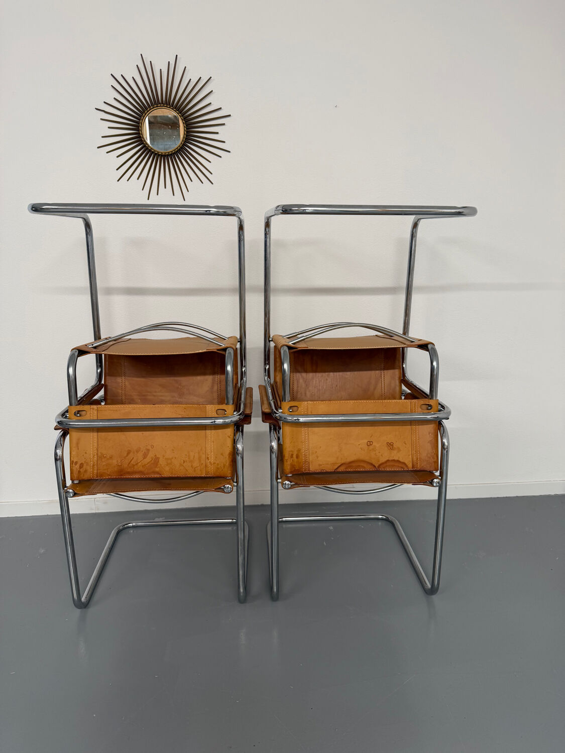 4 vintage tubular chairs with patinated leather designed by Mart Stam