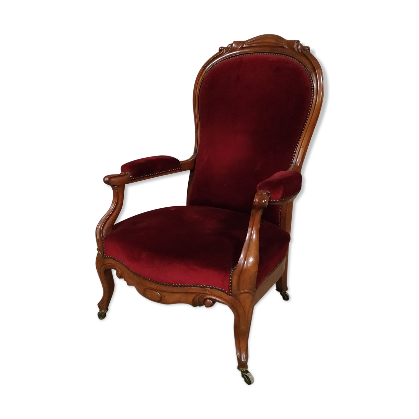 Walnut and velvet armchair