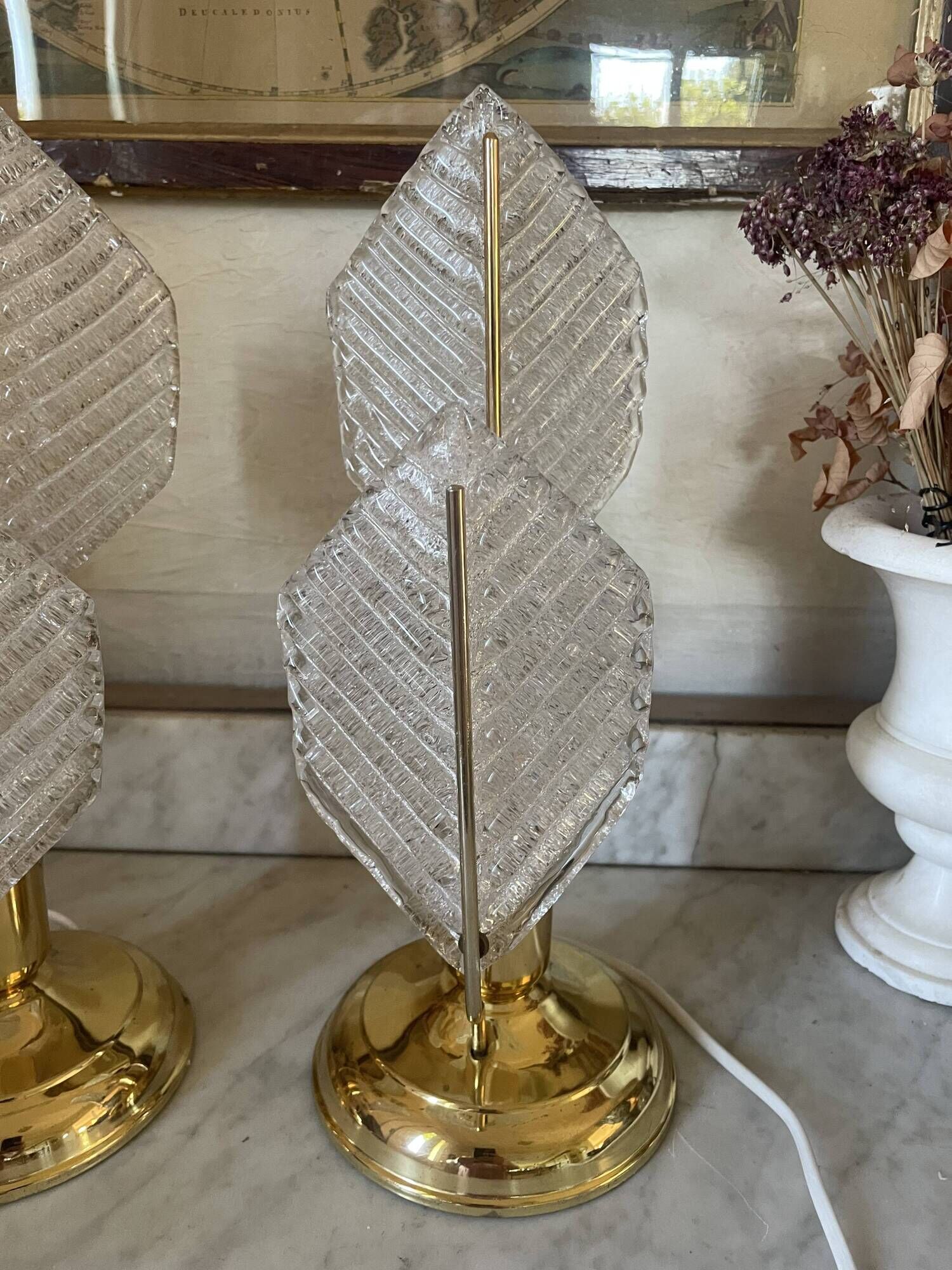 Paire de lampes métal doré et verre texturé, Mirasluz, 70’s